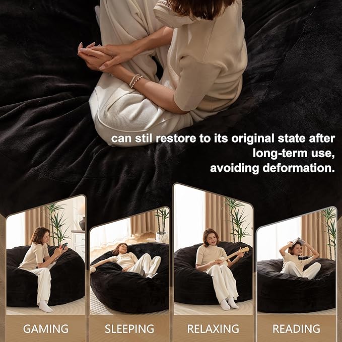 Bean Bag Chair for Adults,5FT Oversize Floor Bean Bags Offers Ample Space for Adults,Memory Foam Giant Bean Bags,Lounger Versatile Design Suits Any Room,Movie Nights,Reading (Black, 5FT)