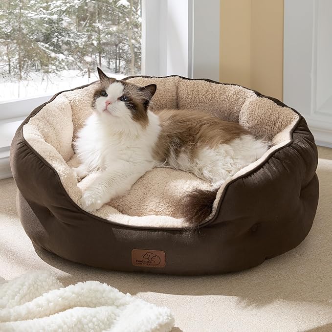 Bedsure Self Warming Cat Bed - Round Cat Beds for Indoor Cats, Washable Pet Bed for Puppy and Kitten with Slip-Resistant Bottom, 20 Inches, Self Warming Brown, Non-Electric