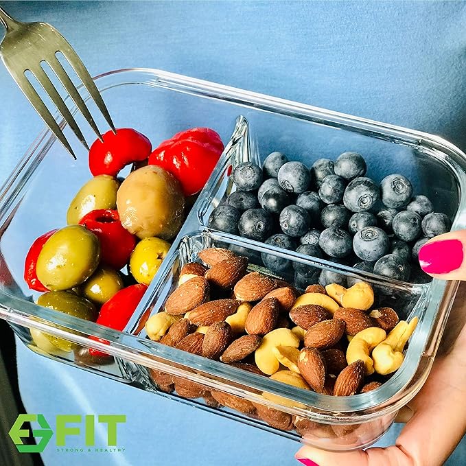 FIT Strong & Healthy Glass Meal Prep Containers with Lids, 1 & 2 & 3 Compartments – Portion Control Containers, Glass Lunch Box, Food Storage, Leak-Proof, Oven & Freezer Safe, 35 oz, Blue, 3 Pack