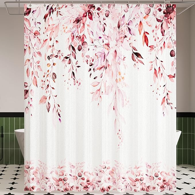 Pink Eucalyptus Leaves Shower Curtain for Bathroom:Aesthetic Art Watercolor Plant Shower Curtains Sets with Hooks,Waterproof Fabric Decor 72x84 inches.