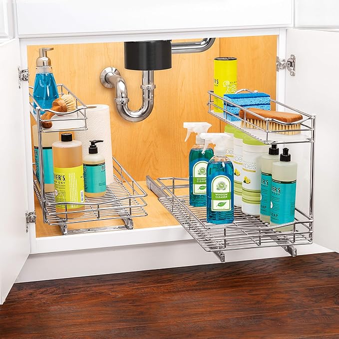 LYNK PROFESSIONAL® Pull Out Under Sink Kitchen Cabinet Organizer - 11.5 in. x 18 inch deep Drawer - Sliding Shelf Organizer for Cabinets and Undersink Storage Shelves - Lifetime Ltd. Warranty – Chrome