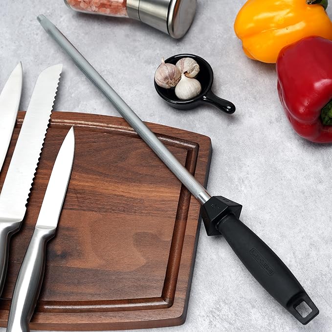 Knife Sharpener Knife Sharpening Rod Honing Steel with 15°-18°-20°Angle Guides Professional Carbon Steel with Black Rubber Grip for Kitchen Chef House Gift 12''