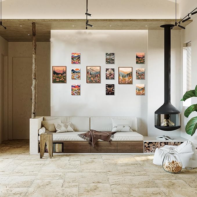 Colorful Nature Floral Wall Art Set of 3 12x16in Wood Framed, with 9 Bonus 8x10in Poster Art Prints, Boho Retro Wildflower Landscape Artwork Wall Decor for Living Room Bedroom Home Decor