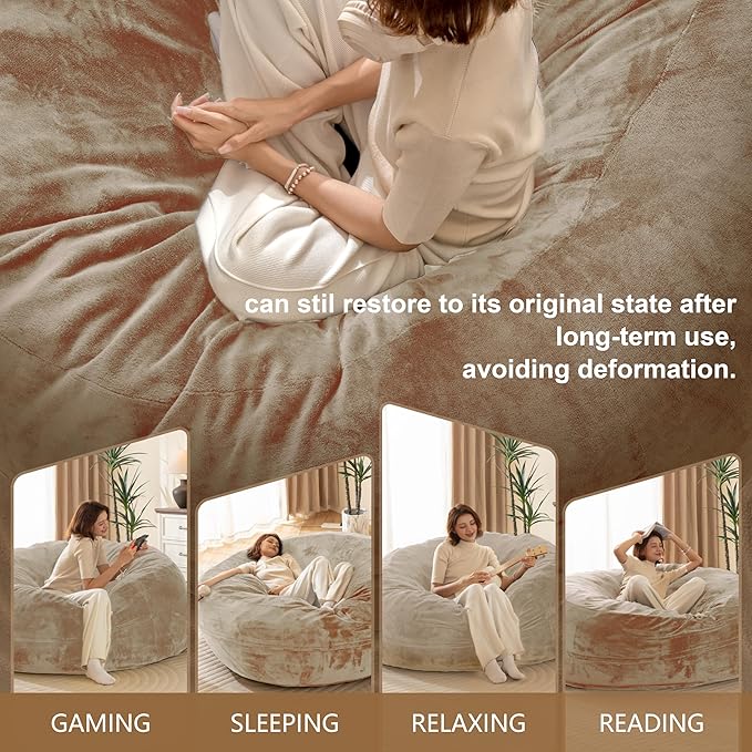 Bean Bag Chair for Adults,5FT Oversize Floor Bean Bags Offers Ample Space for Adults,Memory Foam Giant Bean Bags,Lounger Versatile Design Suits Any Room,Movie Nights,Reading (Apricot, 5FT)