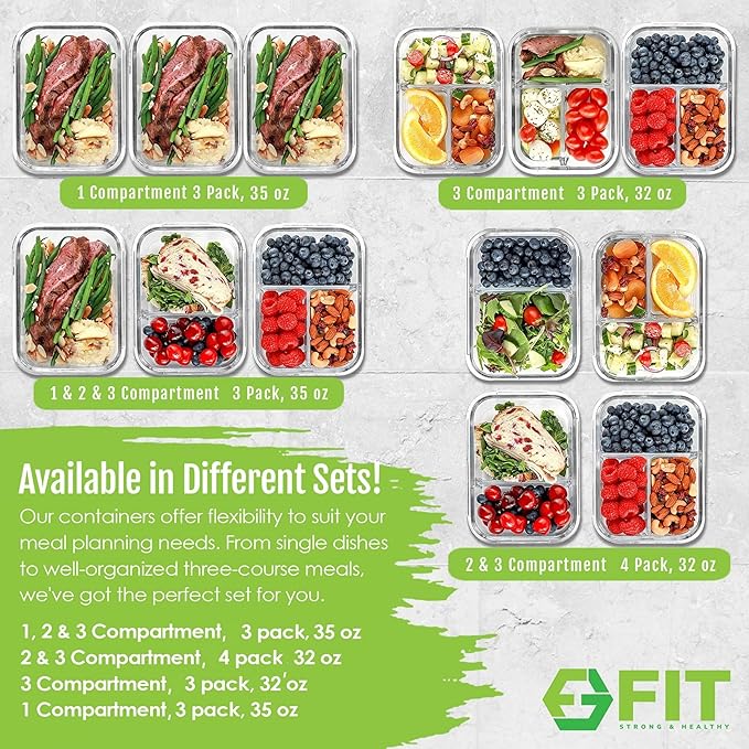 FIT Strong & Healthy 2 and 3 Compartment Glass Meal Prep Containers – Glass Bento Box for Adults, Portion Control, Food Storage, Lunch Container, Oven & Freezer Safe, Leak-Proof, 32 oz, Gray, 4 Pack