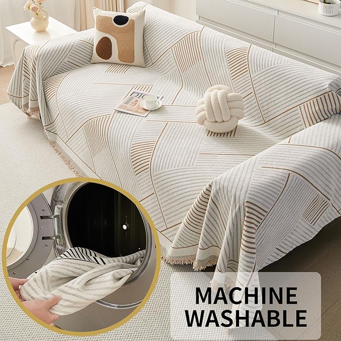 HAOMAIJIA Non Slip Couch Cover Sofa Covers for 3 Cushion Couch Washable sectional Couch Covers for Dogs pet Furniture Protector Couch Cover Blanket for Living Room (CQ-Khaki/Grey, 91"x134")