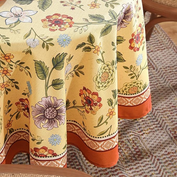 Vintage Linen Small Tablecloth for Round Table,Yellow Floral French Wrinkle Free Tablecloths,Decorative Table Cover for Kitchen,Dining,Thanksgiving,Christmas,Diameter 55"-Bellano