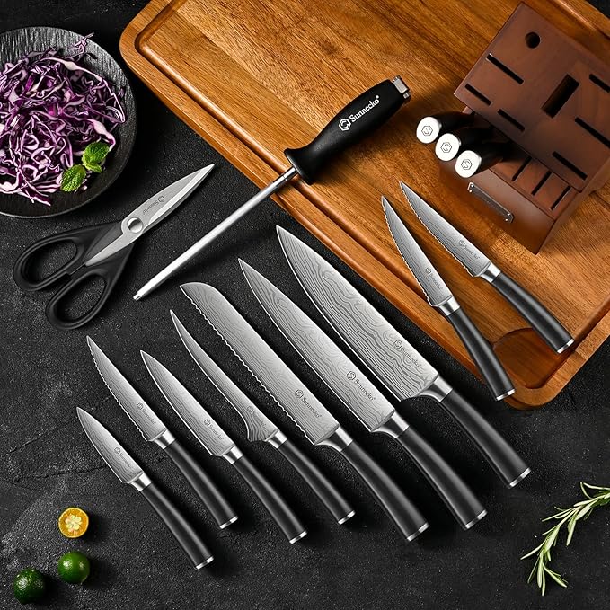 Sunnecko Knife Set with Block and Sharpener, 15 PCS Kitchen Knife Block Set Sharp Kitchen Knives High Carbon Stainless Steel with Black Handles