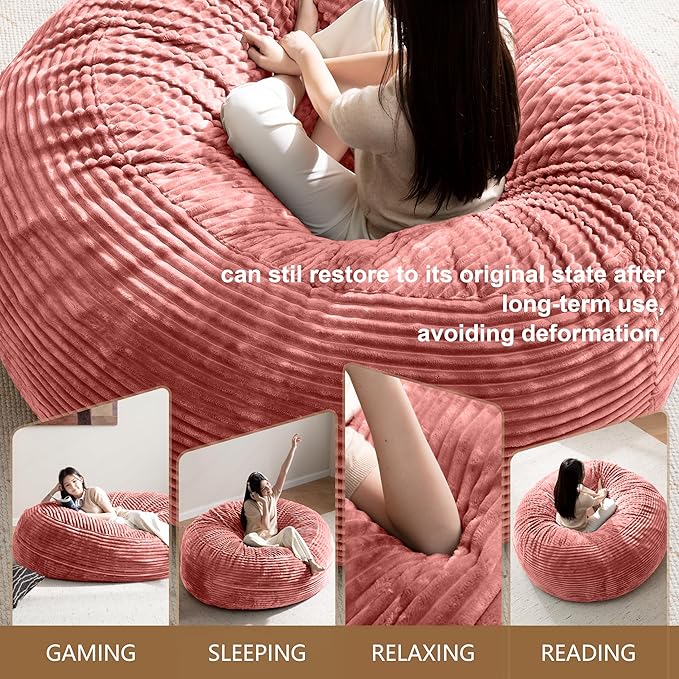 Bean Bag Chair for Adults, Floor Bean Bags Offers Ample Space for Adults,Memory Foam Giant Bean Bags,Lounger Versatile Design Suits Any Room,Movie Nights,Reading (Striped Pink, 5FT)