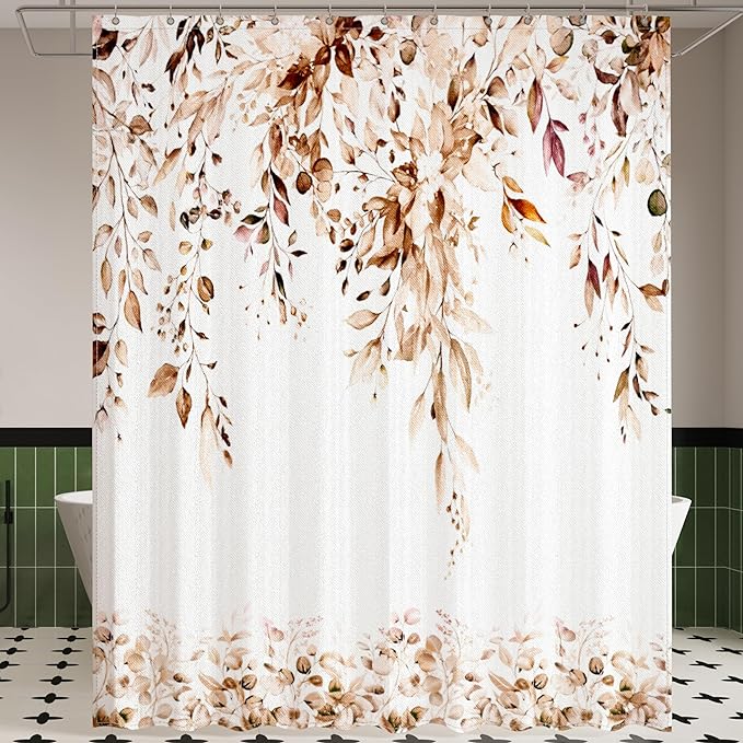 Brown Eucalyptus Leaves Shower Curtain for Bathroom:Aesthetic Art Watercolor Plant Shower Curtains Sets with Hooks,Waterproof Fabric Decor 36x72 inches.