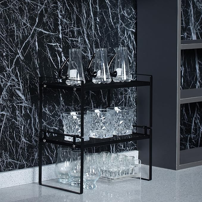 2Pack Kitchen Cabinet Shelf Counter Organizer Rack Pantry Storage Bathroom Bedroom Office Table Desk Space Saving Stackable Rust Resistant Non Slip Black Wide L13.1in W10.6in H7.3in