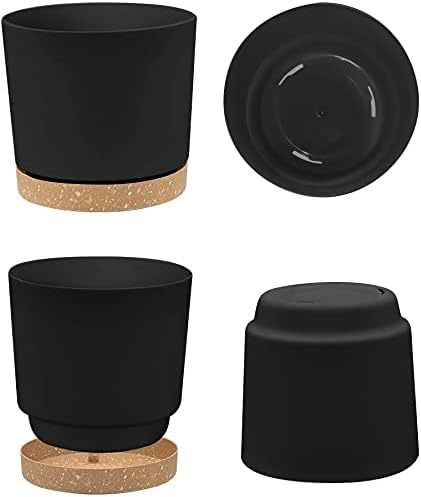 ZMTECH Plant Pots, Set of 3 8'' Self Watering Plastic Planter with Drainage Hole and Saucer, Modern Decorative Flower Pot for Indoor Outdoor House Plants, Succulents, Flowers - Dark Gray/White/Green