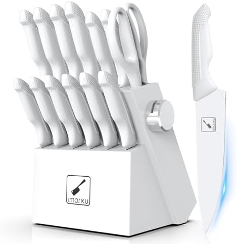 imarku® 14-Piece Kitchen Knife Set with Block and Sharpener, Professional Stainless Steel with Non-Slip Ergonomic Handle, Dishwasher Safe, Home Essential, Gray-White