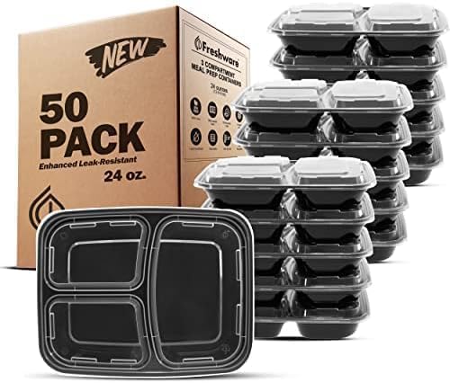 Freshware Meal Prep Containers 50 Count, 3 Compartment Food Storage Containers with Lids, Bento Box, BPA Free, Stackable, Microwave/Dishwasher/Freezer Safe (24 oz) (Pack of 6)