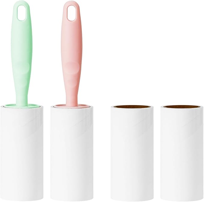 Pet Hair Lint Roller Extra Sticky Lint Remover for Clothing Furniture Carpet Couch 4 Rollers with 2 Handles (Pink/Green Handles & 4 Refills)