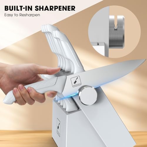 imarku® 14-Piece Kitchen Knife Set with Block and Sharpener, Professional Stainless Steel with Non-Slip Ergonomic Handle, Dishwasher Safe, Home Essential, Gray-White