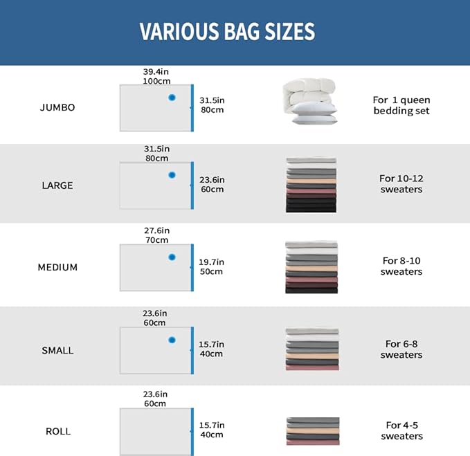 20 Pack Space Saver Vacuum Storage Bags for Clothing Travel, Vacuum Seal Compression Bags for Clothes, Packing, Luggage, Blankets, Comforters and Pillows, Hand Pump Included