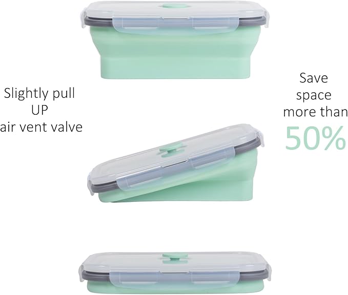 Collapsible Food Storage Containers with Lids & Vent, 27 oz, Kitchen Stacking Silicone Collapsible Meal Prep Container Set for Leftover, Microwave Freezer Dishwasher Safe, Mint Green, 4 Pack