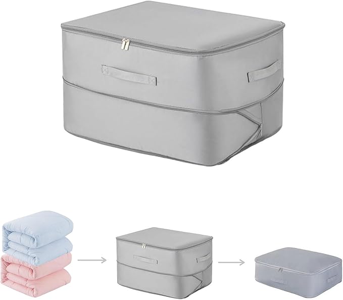 1PC Comforter Storage Bag, 2-Layer Zipper Blanket Storage Bags, Ultra Space Saving Self Compression Storage Bag for Comforters, Clothes, Pillows, Duvet and Bedding Sets (Grey, Large)