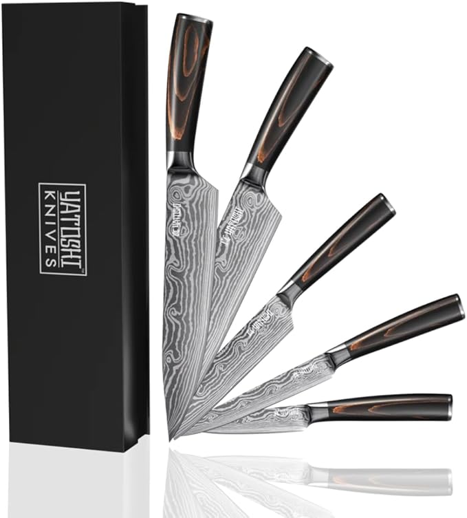 Yatoshi 5 Piece Knife Set - Pro Kitchen Knife Set Ultra Sharp High Carbon Stainless Steel with Ergonomic Handle