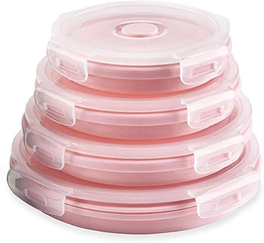 CARTINTS Silicone Collapsible Food Storage Containers-Prep/Storage Bowls with Lids – Set of 4 Round Silicone Lunch Containers – Microwave and Freezer Food Containers(pink)