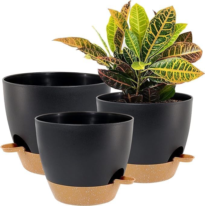 10/9/8 inch Self Watering Pots, Set of 3 Plastic Planters with Mesh Drainage Holes and Deep Reservoir for Indoor Outdoor Garden Plants and Flowers, Black with Brown