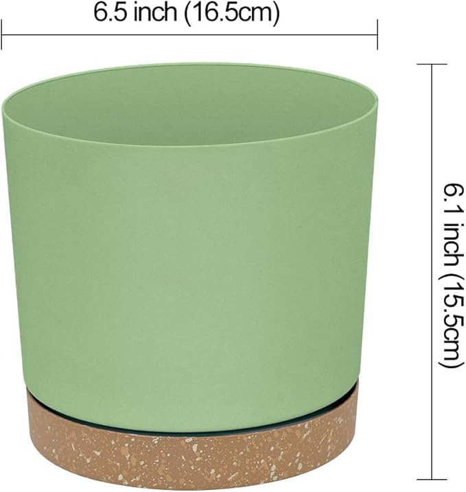 ZMTECH Plant Pots, Set of 6 6.5'' Self Watering Plastic Planter with Drainage Hole and Saucer,Modern Decorative Flower Pot for Indoor Outdoor House Plants, Succulents, Flowers - Green