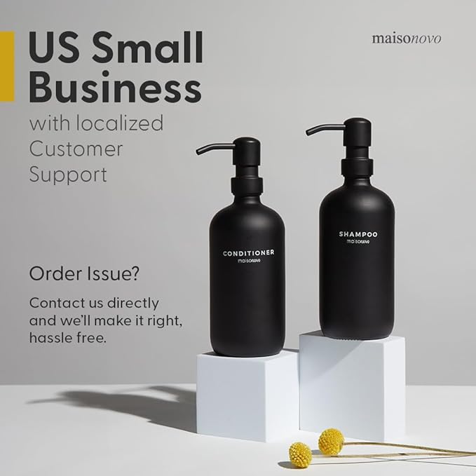 Maisonovo Glass Soap Dispenser Bathroom Set | Hand Soap and Dish Soap Dispenser Set | 16.9oz Amber Bottles with Black Bamboo Pump | Bathroom Lotion Dispenser Set of 2