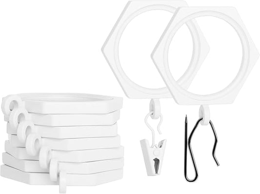 BlastHome® Luxury Curtain Rings - Premium Metal with Quiet, Smooth Nylon Inserts - Pinhooks and Clips Included - 1 1/2" Inside Diameter - 9 Rings for One Standard Curtain - White
