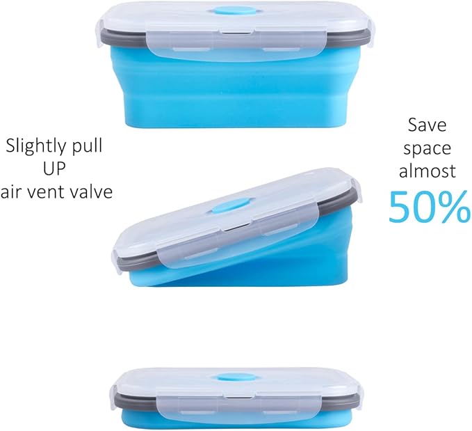 Collapsible Food Storage Containers with Airtight Lid & Air Vent, 16.9 oz, Kitchen Stacking Silicone Collapsible Meal Prep Container Set for Leftover, Microwave Freezer Dishwasher Safe, Blue, Set of 4