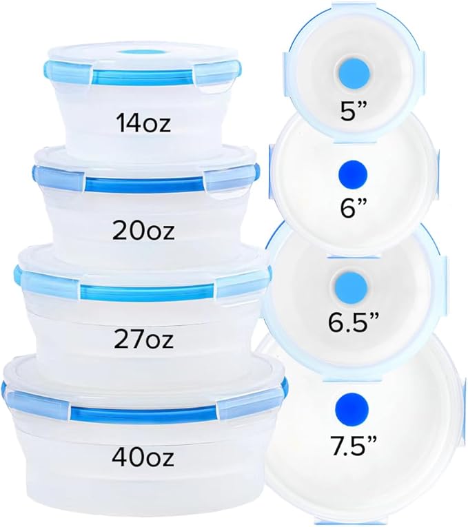 ECOBERI Collapsible Silicone Food Storage Containers, BPA Free, Microwave, Freezer and Dishwasher Safe, Lunch, Meal Prep, Travel, Space-Saving