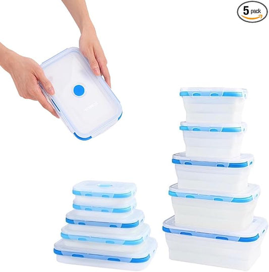 ECOBERI Collapsible Silicone Food Storage Containers, BPA Free, Microwave, Freezer and Dishwasher Safe, Lunch, Meal Prep, Travel, Space-Saving, Set of 5