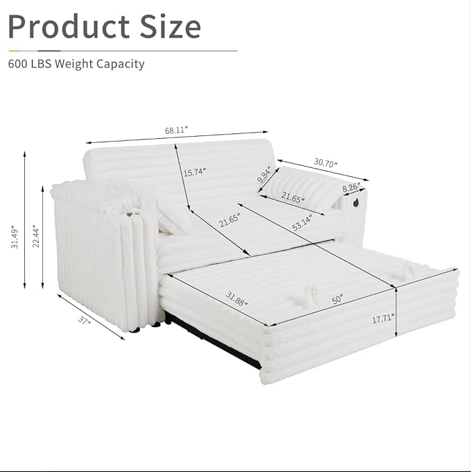 68" Corduroy Convertible Sofa Bed with USB, Storage Armrests & Pillows – 3-in-1 Foldable Sleeper Chair Floor Couch for Living Room, Bedroom, Guest Room (ZY-1109-White)