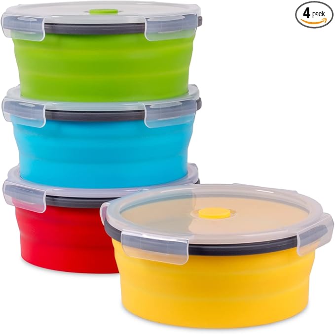 Collapsible Food Storage Containers with Airtight Lid, 40.5 oz, Kitchen Stacking Silicone Collapsible Meal Prep Container Set for Leftover, Microwave Freezer Dishwasher Safe, 4 Colors Round, Set of 4