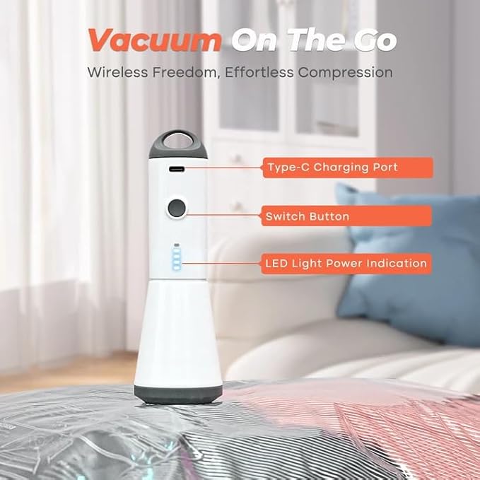 Vacuum Seal Bags for Clothing, 8 Pack 39" Vacuum Storage Bags with Rechargeable Cordless Pump Compression Packing for Clothes Blankets Space Saver for Queen-Size Duvets Comforters Pillows