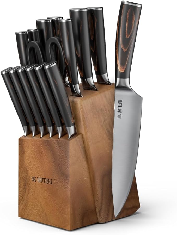 Yatoshi 15 Piece Knife Block Set S Series - Pro Kitchen Knife Set Ultra Sharp High Carbon Stainless Steel with Ergonomic Handle