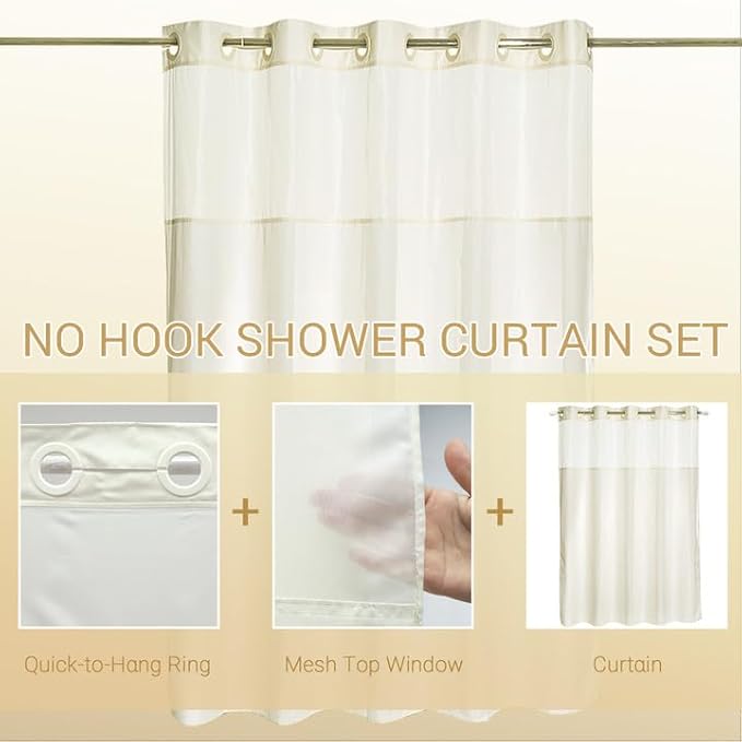 VIUOON No Hook Shower Curtain with Thick Fabric Bathroom Curtain with See Through Top, Hotel Grade, Machine Washable, 71Wx74L, Beige（No Liner）