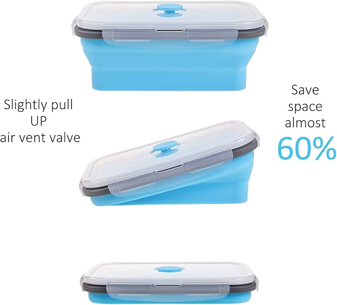 Collapsible Food Storage Containers with Airtight Lid & Vent Valve, 27 oz, Kitchen Stacking Silicone Collapsible Meal Prep Container Set for Leftover, Microwave Freezer Safe, Blue, Set of 4