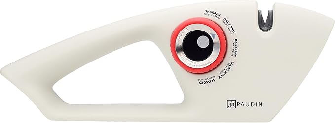 PAUDIN Knife Sharpener, Kitchen Knife Sharpener, 5 Stage Knife Sharpeners for Kitchen Knives, Pocket, Serrated Knives & Scissors, Blade Sharpening, Honing & Polishing Tool, White