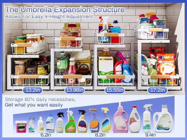 ADBIU Under Sink Organizer, 2 Pack 2 Tier Expandable Height (13.2" - 17.2") Pulling Out Kitchen Bathroom Cabinet Organizers (White, Large Size)