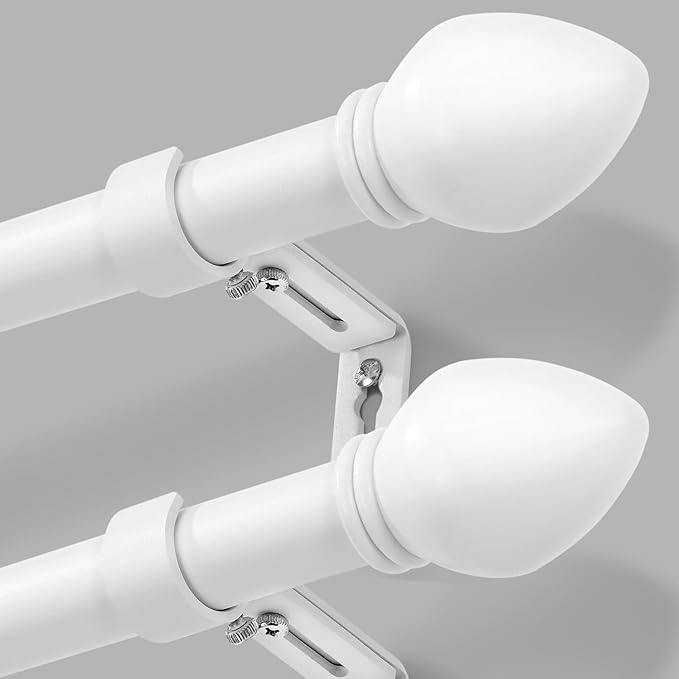 Curtain Rods for Windows 16 to 48 inches, Curtain Rod Max Adjustable Length to 60 in, Drapery Rod 1 inch Diameter with Modern Knobs Finials (White, 16" to 48" - Set of 2)