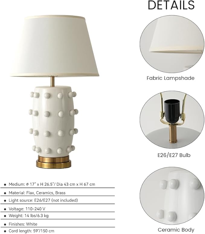 Modern Ceramic Linden Table Lamp - 30" White Ball Farmhouse Design, Classic Nightstand Large Linden Lamp Tapered Drum Shade for Living Room, Bedroom, Office, and Home （White）
