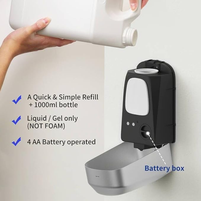 JETWELL Automatic Touch-Less Wall Mount Hand Soap Dispenser Liquid Drop Battery Operated, White Plastic Cover Large Capacity 34OZ/1000ML for Kitchen Home Commercial Bathroom
