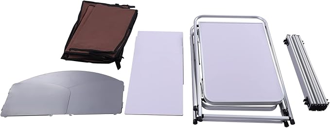 Camping Kitchen Table, Brown Aluminum Portable Folding Camp Cook Station, Outdoor Cooking Table with Windscreen and 3 Storage Cupboards for Picnic and BBQ