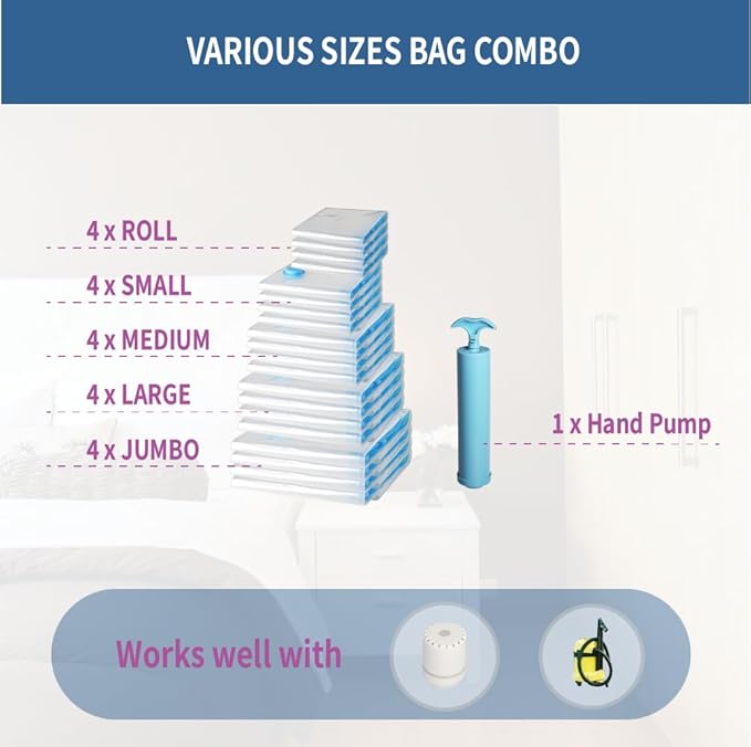 20 Pack Space Saver Vacuum Storage Bags for Clothing Travel, Vacuum Seal Compression Bags for Clothes, Packing, Luggage, Blankets, Comforters and Pillows, Hand Pump Included