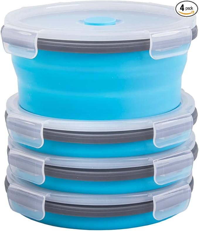 Collapsible Food Storage Containers Round with Airtight Lid, 27 oz, Kitchen Stacking Silicone Collapsible Meal Prep Container Set for Leftover, Microwave Freezer Dishwasher Safe, Blue, Set of 4