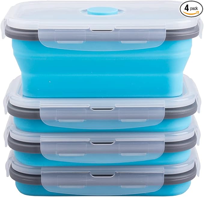 Collapsible Food Storage Containers with Airtight Lid & Air Vent, 16.9 oz, Kitchen Stacking Silicone Collapsible Meal Prep Container Set for Leftover, Microwave Freezer Dishwasher Safe, Blue, Set of 4