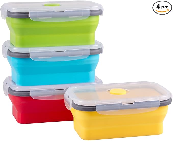 Collapsible Food Storage Containers with Airtight Lid, 16.9 oz, Small Kitchen Stacking Silicone Collapsible Meal Prep Container Set for Leftover, Microwave Freezer Dishwasher Safe, 4 Colors, Set of 4