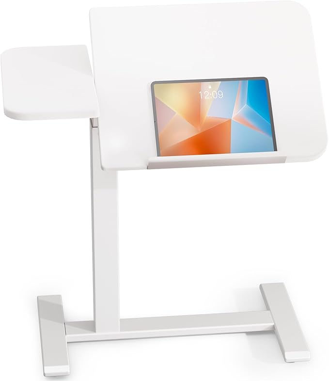 COMHOMA Tiltable Mobile Small Standing Desk, Pneumatic Adjustable Height Overbed Bedside Table with Wheels, Sit Stand Portable Rolling Laptop Desk Computer Workstations, White
