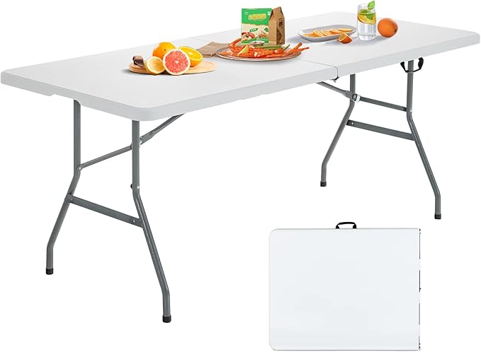 S AFSTAR 6FT Plastic Folding Tables, Indoor Outdoor Heavy Duty Camping Table with Carry Handle, 330 LBS Load Capacity, Easy Fold Up Rectangle Table for Picnic Camping Beach BBQ, No Assembly, White